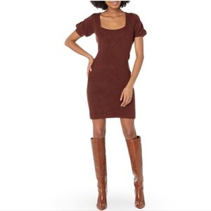 NWT French Connection Jaida Square Neck Puff Sleeve Sweater Dress Brown Ribbed